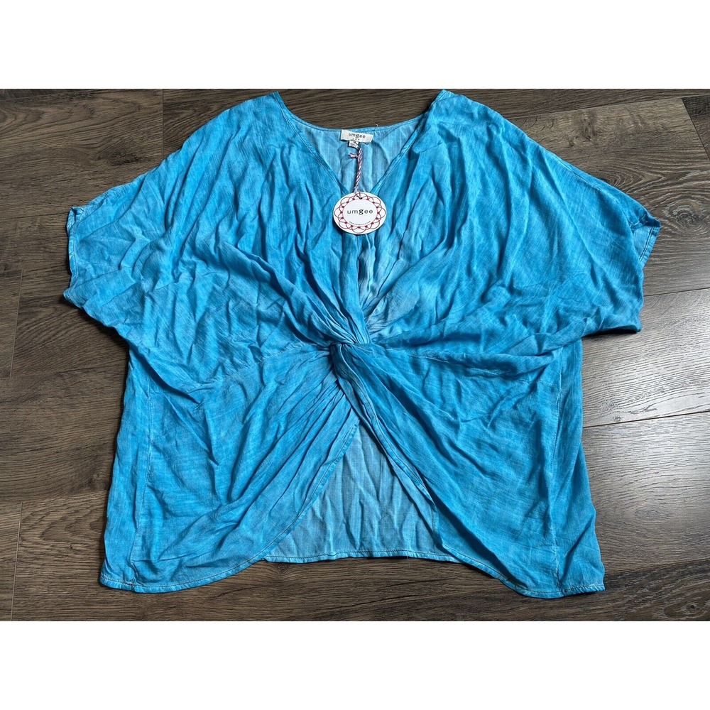 NWT Womens Umgee Twist Front Blue Short Sleeve Top Oversized Lightweight Size S